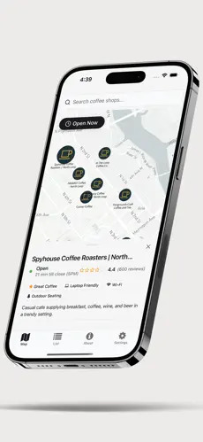 MN Coffee app showing coffee shops on a map